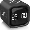 Rotating Pomodoro Timer 5, 25, 10 50 Minutes Preset, Desk Productivity Flip Timer, ADHD Tool Cube Countdown Stopwatch, Vibration/High/Low Volume/Custom Modes, for Work, Study, Back to School, Kitchen (Black)