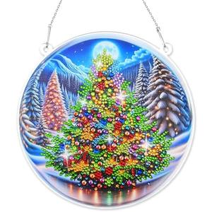 Diamond Art Hanging Kit for Adult, Painting Hanging Ornament Kit, Special Shaped Rhinestone,DIY Acrylic 5D Diamond Art Window Pendants Home Garden Wall Kits Hanging,Double Sided (Chrismas Tree)