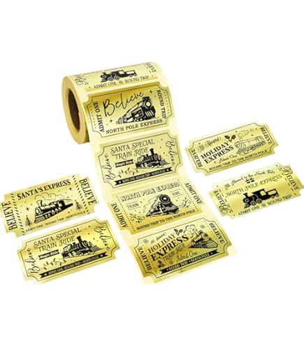 Ceiba Tree Christmas Stickers Pole Golden Ticket Stickers Roll for Kids 200Pcs Gold Foil Adhesive Stamp Vacation Labels for Holiday School Reward Party Favor Decorations