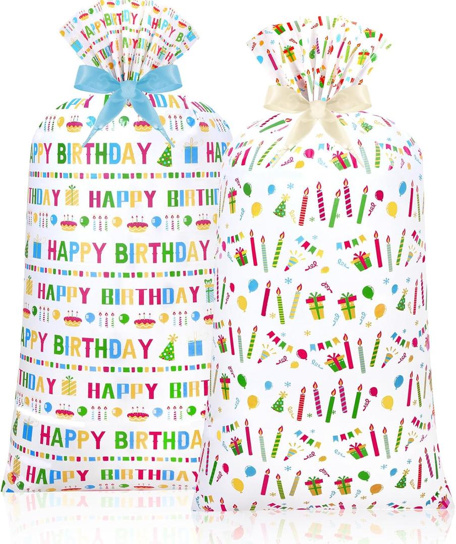 Teling 2 Pcs 70"x 40" Extra Large Jumbo Gift Bag for Wrapping Giant Gifts,Big Plastic Present Bag with 2 Rolls Ribbons for Birthday Party (Novelty Style)