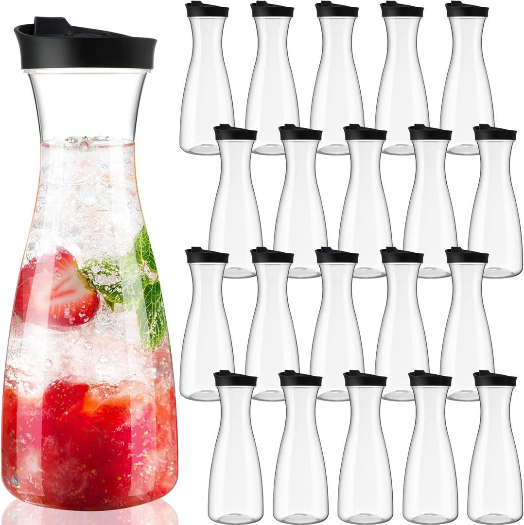 20 pcsPlastic Carafe with Lids, 34 oz Clear Mimosa Juice Containers, Acrylic Beverage Carafe Pitcher Drink Containers for Fridge Outdoor Iced Tea Juice Party Mimosa Bar
