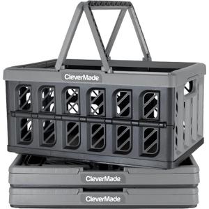 CleverMade Collapsible Shopping Baskets With Handles, 24L 3 Pack, Stone