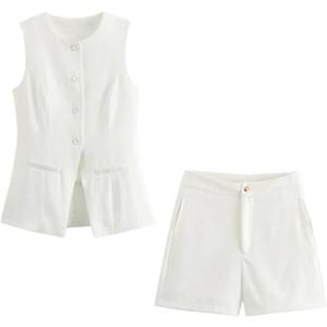 Women Round Neck Single Breasted Sleeveless Long Tank Top Female High Waist Wide Leg Shorts Two-Piece Set L