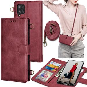 Galaxy A42 5G Wallet Case, Tekcoo Crossbody Shoulder Carrying Purse Cover with RFID Blocking Card Slots Holder Flip PU Leather [Detachable Magnetic Hard Case] for Samsung Galaxy A42 5G [Wine Red]