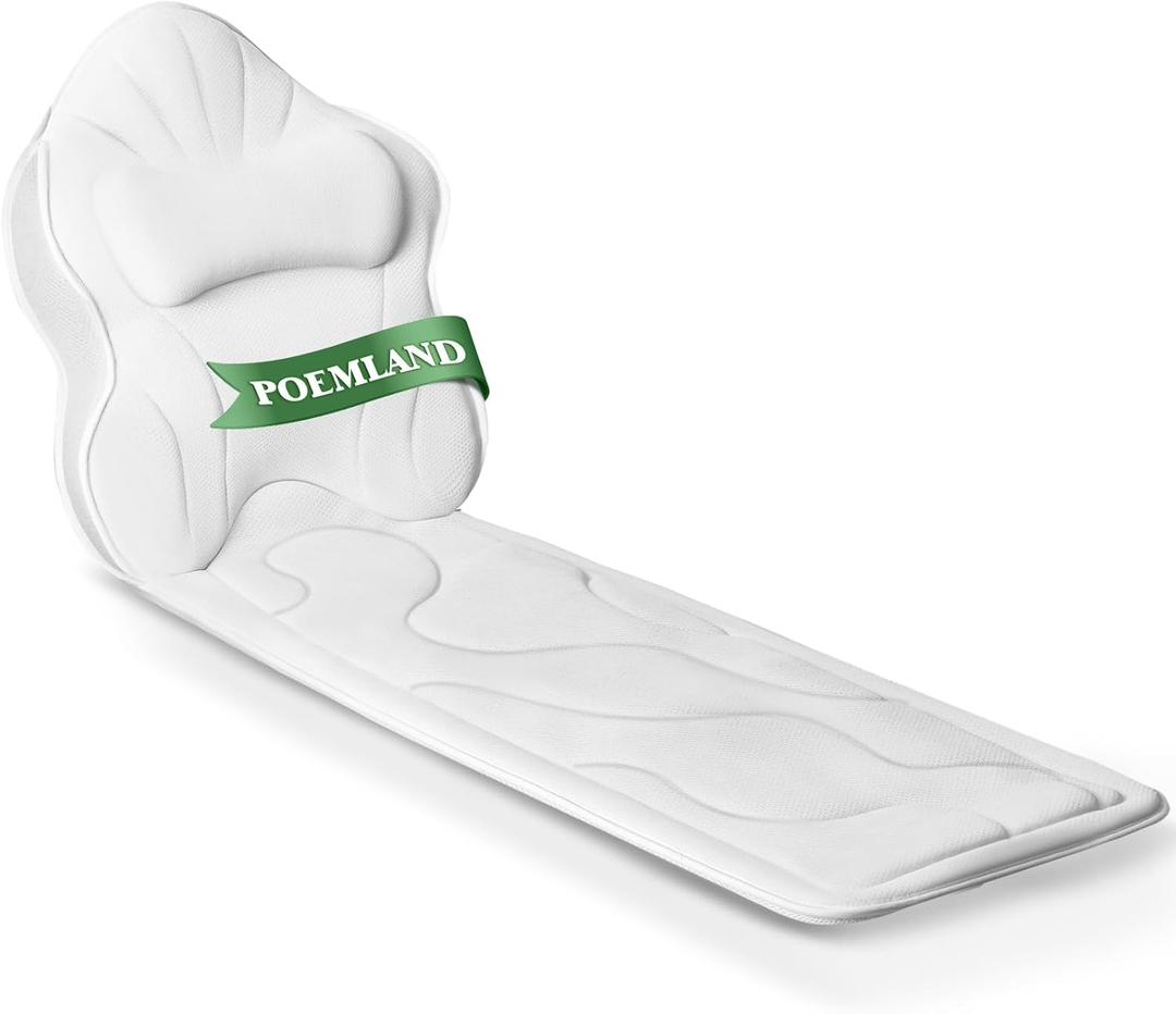 Poemland Luxury Thick Full Body Bath Pillows Mat & Cushion for Bathtub Headrest Neck Shoulder Support Comfort Relaxation Spa Accessories Perfect for a Spa Soak in Bathtub (White)