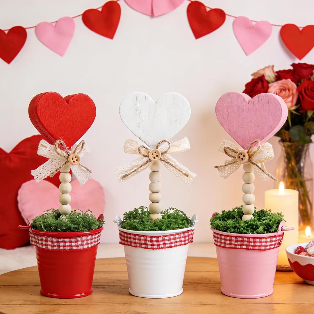 Fangoo 3Pcs Valentines Day Wooden Heart Potted Table Decoration Sign Pink Red White Heart Shaped Rustic Tiered Tray Decor Tabletop Centerpiece Wedding Valentines Day Home Gifts Parties