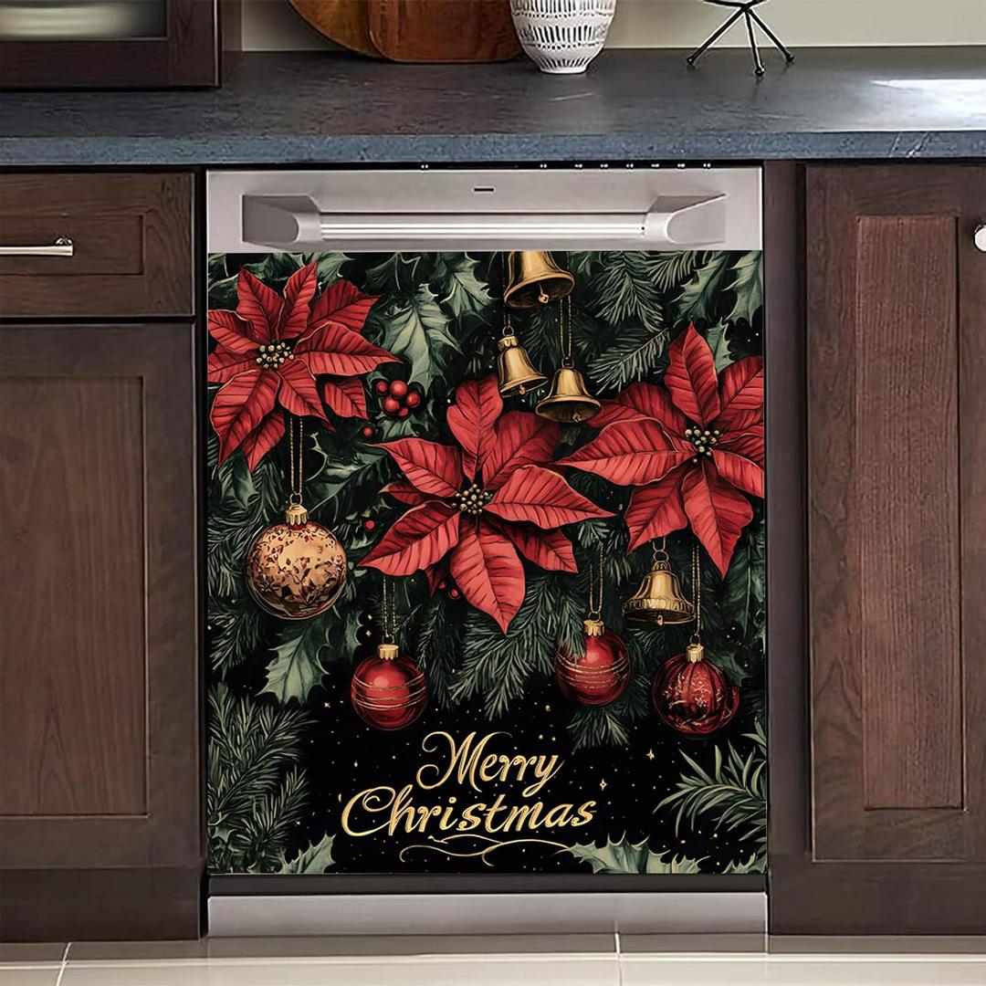 BVBOX Christmas Dishwasher Magnet Cover 23"x26", Reusable Magnetic Refrigerator Covers, Dishwasher Magnets Decorative Cover Fridge Door Skin Panel Stickers (Poinsettia)