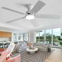 48 Inch Ceiling Fans with Lights and Remote, White Ceiling Fan, Downrod Style with 5 Blades, Modern Design For Indoor Bedroom Living Room/Outdoor, 6 Speed Reversible DC Motor, 3CCT Dimmable LED