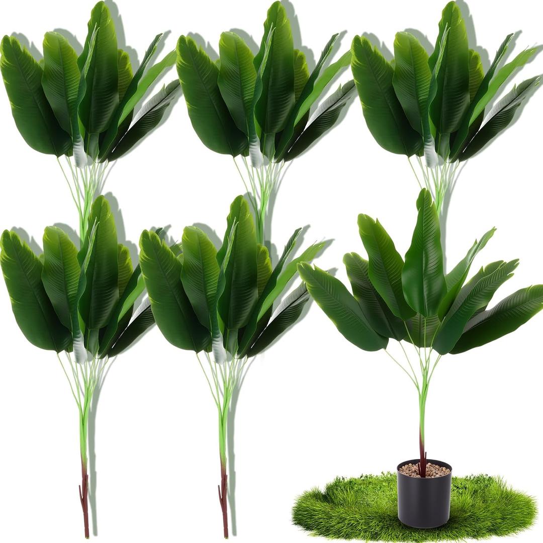 Giegxin 6 Pcs Artificial Plant 32 Faux Banana Tree Leaves with Stem Tropical Monstera Leaf Fake Turtle Palm Leave Tropical Plant for Wedding Floral Hawaiian Beach Party Indoor Outdoor Garden Decor
