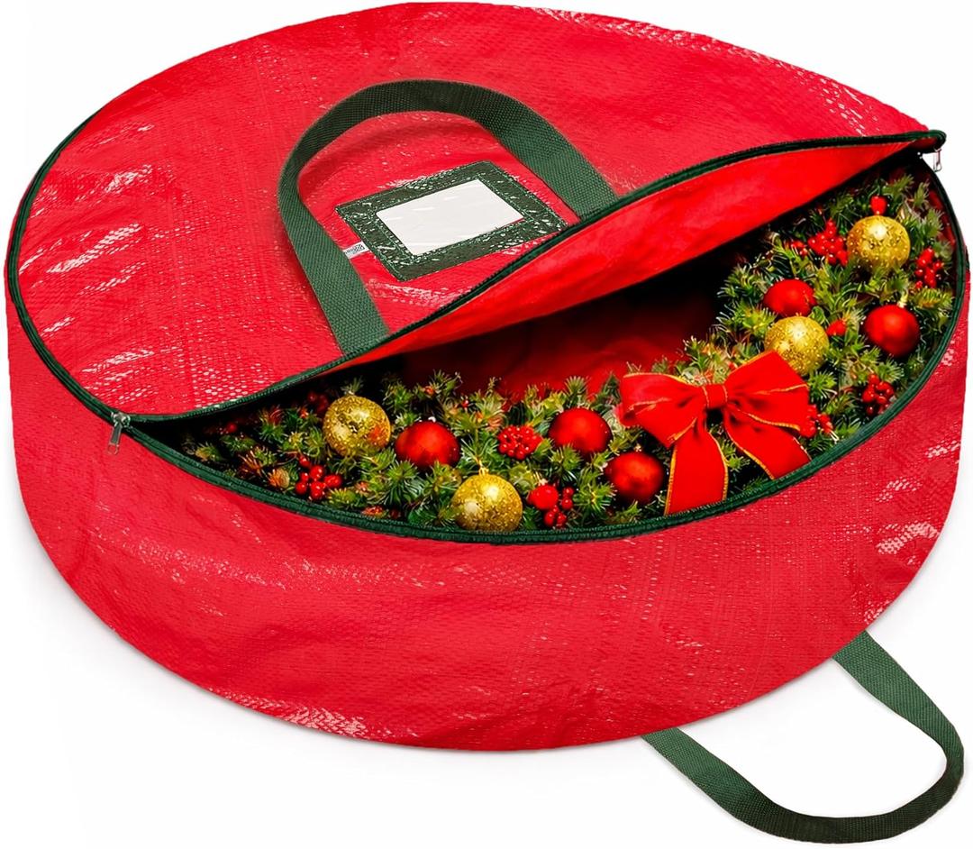 ZOBER Christmas Wreath Storage Container 24 Inch - Wreath Bag for Artificial Wreaths Box - Dual Zippered Wreaths Storage Bag with Strong Durable Handles - Red