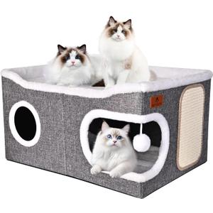 Extra Large Cat Beds for Indoor Cats, Covered Cat Cave Beds & Furniture with Scratch Pad and Fluffy Ball, Foldable Cat Condo Hideaway with Reversible Cushion for Multi Small Pet Large Kittens, Grey, size: 2' x 17"