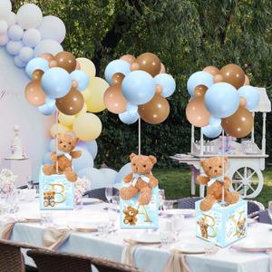 Lenwen 3 Sets Jungle Animal Decoration for Baby Shower Letter Boxes Baby Shower Table Centerpiece Stuffed Animals Balloon with Stand Plush Boxes for Party(Blue,Bear)