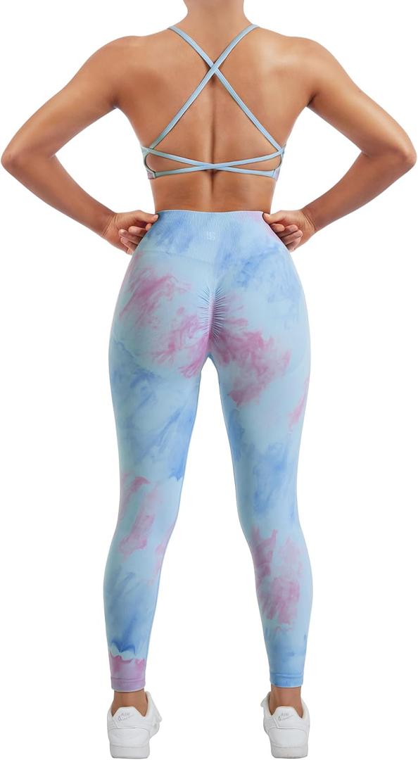 SUUKSESS Women Seamless 2 piece Workout Sets Strappy Padded Sports Bra Booty High Waisted Leggings Outfits (Candy Tie Dye,M) (M)