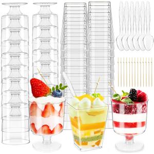 200 Pack Mini Dessert Cups with Spoons and Toothpicks, Clear Plastic Dessert Parfait Cup, Square Dessert Glasse Round Goblet for Parties, Ice Cream, Fruit, Cake, Pudding(5 OZ)