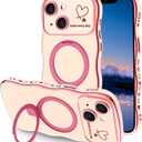 Case for iPhone 14 Plus with Magnetic Stand, Luxury Plating Curly Wavy Frame and Cute Heart Pattern, Lens Edge Raised Protection, Slim Shockproof Soft Case for iPhone 14 Plus-Pink