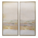 Set of 2 Framed Abstract Coastal Wall Art Paintings, Soft Neutral Tones, Silver Metal Frames