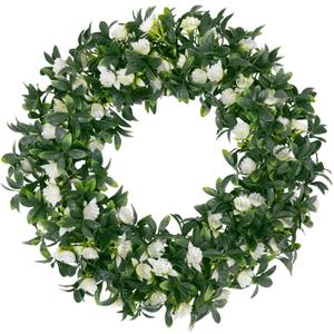 SHACOS Greenery Wreath 15" Artificial Front Door Wreaths Green Wreath with White Flowers for Home Wall Window Farmhouse Decoration 100% Plastic Indoor Outdoor