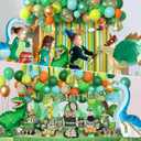Dinosaur Birthday Party Decorations Supplies Happy Birthday Banner Crepe Paper Green Orange Blue Gold Dino Foil Balloons Garland Arch Kit for Jungle Safari Dinosaur Themed Baby Shower Party Boys Kids