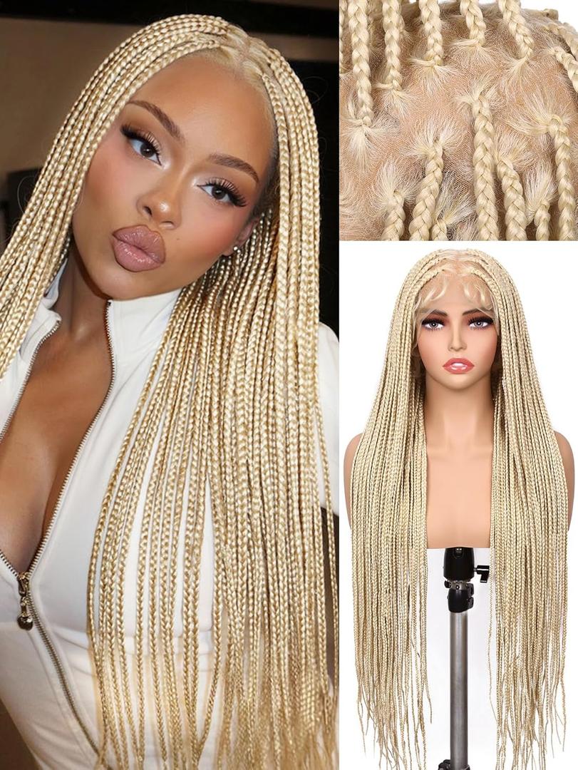 HANNE Real Full Lace Braided Wigs for Black Women 34 Inch Knotless Braided Wigs with Baby Hair 100% Handmade HD Lace Synthetic Box Braid Wig (Blonde)