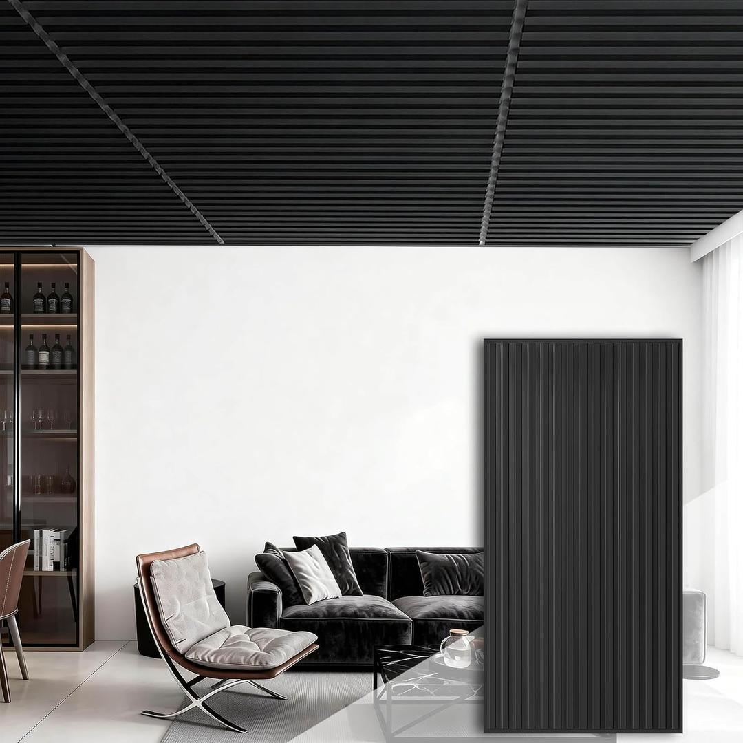 Ceiling Panel 2x4 Feet, PVC Decorative Ceiling Covering Panel, 3D Striped Wall Panel Indoor Wall Decoration, 6 Pcs Pack Waterproof Ceiling Panel for Office/Kitchen/Recording Studio,Black