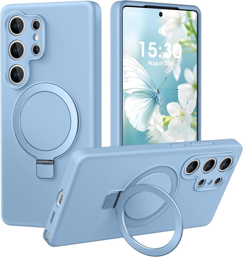 Liquid Silicone Case for Samsung Galaxy S25 Ultra with Magnetic Stand, Mil-Grade Drop Shockproof, Full Camera Protection Anti-Scratch Microfiber Lining Silicone Phone case, Light Blue