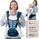 BabbleRoo 6-in-1 Baby Carrier with Hip Seat, Ergonomic Newborn to Toddler Carrier 7–50 lbs, Front Back Hip Carry, Lumbar Support, Sun Hood, Safety-Certified, Denim Leaves