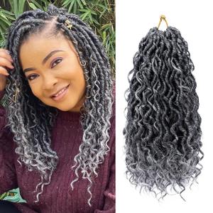 Goddess Locs Crochet Hair 12 Inch 7 Packs Ombre Grey Boho Faux Locs Crochet Hair for Black Women Pre Looped Crochet Locs with Curly Ends (1B/Gray)