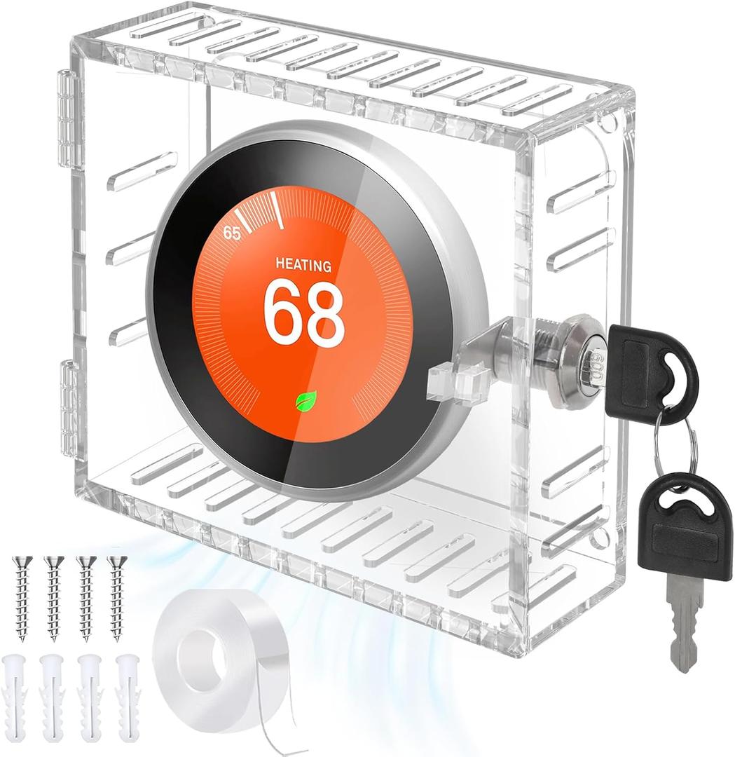 Thermostat Lock Box Square - 5 x 5 Thermostat Cover With Lock, No Screws Thermostat LockBox with Key, Clear AC Thermostat Box Cover, Small Acrylic Lock Box For Thermostat on Wall (5x5x2)