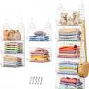 5 Tier Closet Hanging Organizer, Clothes Hanging Shelves with 4 Hanging Hooks 5 S Hooks, Wire Storage Basket Bins, for Clothing Sweaters Shoes Handbags Clutches Accessories Patent Design-White