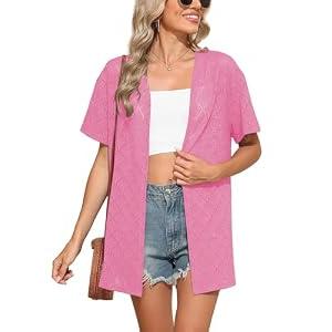LILBETTER Womens Swimsuit Cover Up Short Sleeve Beachwear Oversized Bikini top(Rose Red Small)