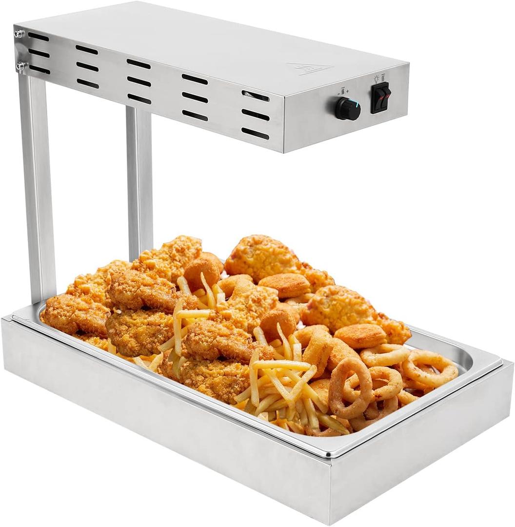 Restlrious French Fry Warmer Commercial Heat Lamp Food Warmer, Free Standing Electric Infrared Heating Dump Station, 500W Stainless Steel Food Warming Light w/Drain Board Drip Pan for Fries 2.6 Deep