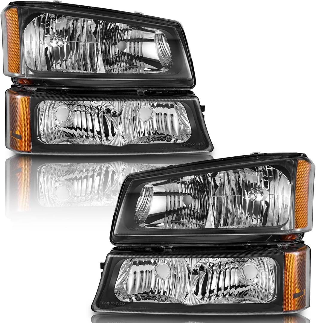 WEELMOTO Headlights Compatible with 2003-2007 Chevy Silverado 1500/2500/3500/1500HD/2500HD, For 03 04 2005 2006 Chevy Avalanche 1500/2500 Pickup, Black Housing Amber Reflector Driver&Passenger Side (OE Replacement)