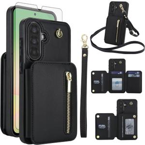 Asuwish Phone Case for Samsung Galaxy A26 5G RFID Wallet Cell Zipper Cover with Tempered Glass Screen Protector Crossbody Strap Credit Card Holder Slot Stand A 26 26A LTE Women Men Girls Black