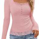 MEROKEETY Womens Fall Lace Trim Tops Cute Long Sleeve Scoop Neck Shirt 2026 (Pink, S)