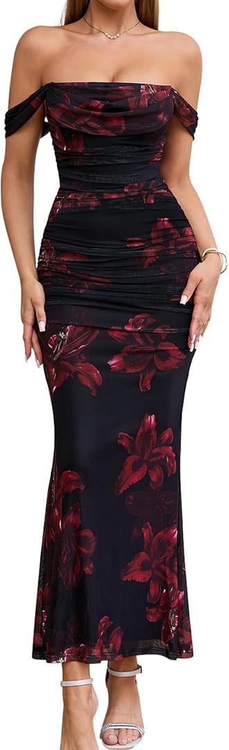 KUTUMAI Off The Shoulder Maxi Long Dress Corset Ruched Bodycon Formal Wedding Guest Dresses for Women (Large, Redfloral)