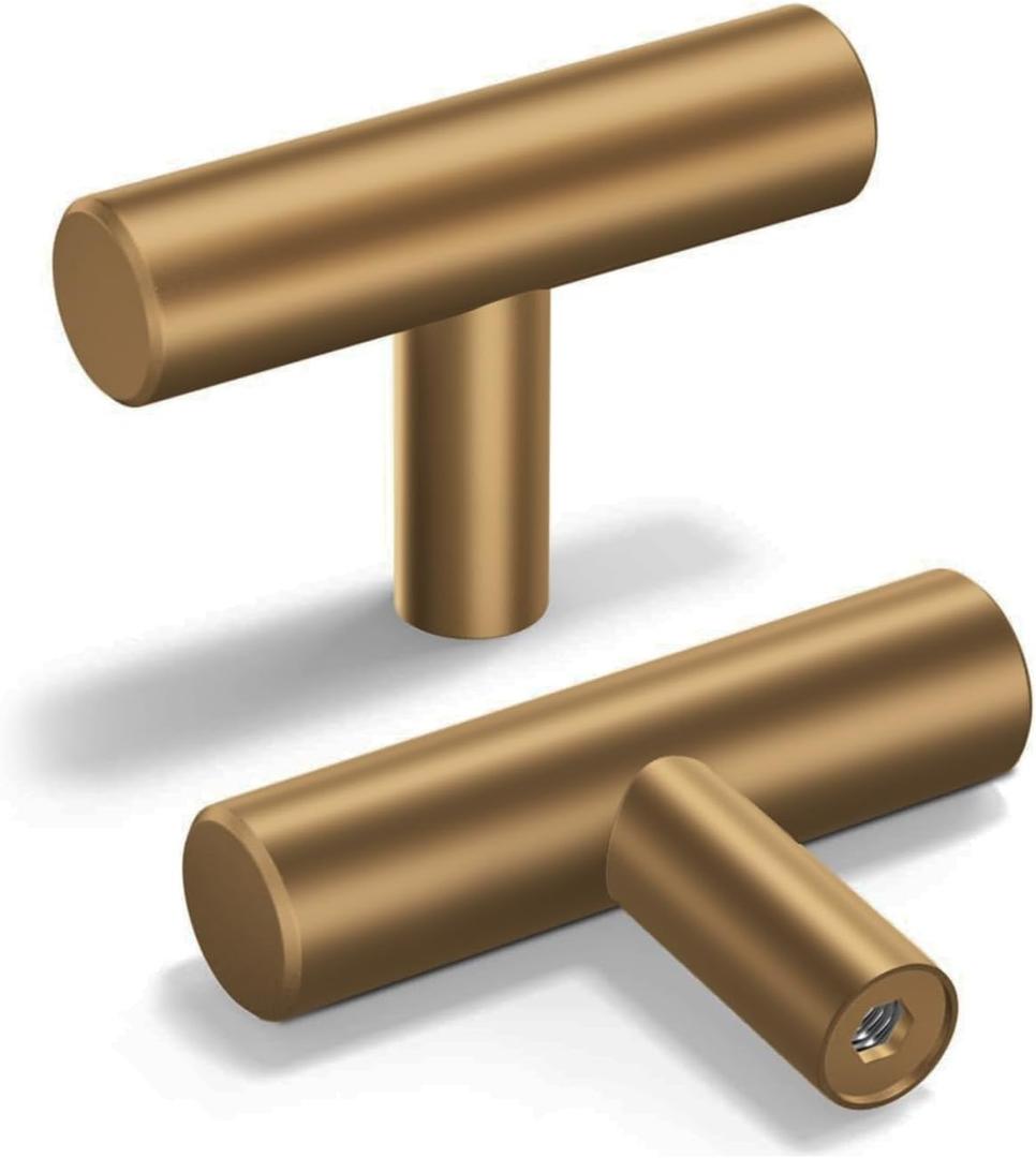 goldenwarm 10 Pack Champagne Bronze Cabinet Knobs Gold Drawer Knobs Brass Dresser Pulls Champagne Bronze Cabinet Handles T Bar Kitchen Drawer Hardware, 2 Inch(50mm) Overall Length (Single Hole)