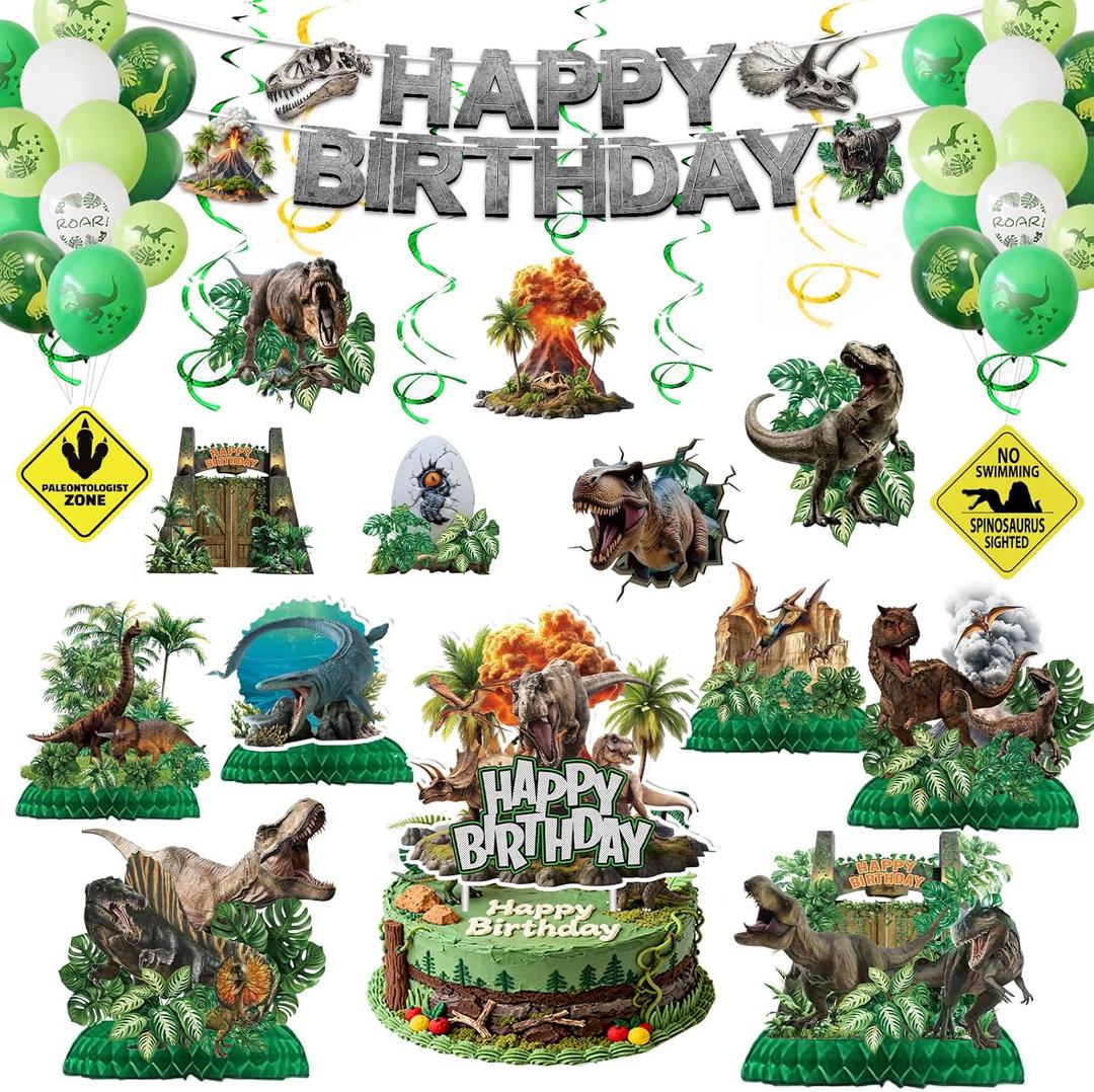 Dinosaur Birthday Decorations Dino World Party Decorations Tableware Set Include Dinosaur Balloons, Cake Topper, Hanging Swirls, Honeycomb, Banner Dino Party Supplies for Boys Kids Birthday Decor