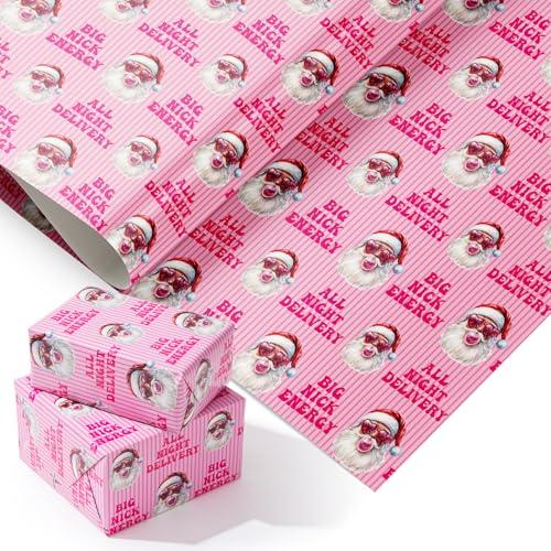 PlandRichW Funny Christmas Wrapping Paper - Pink Funny Santa with Heart Sunglasses - 40×28 Inch Unique Heavy Duty Fun Xmas Gift Wrap, 4 Folded Sheets for Women, Men Pack of 2