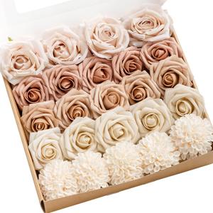 Ling's Moment Artificial Flowers Fake Silk Roses Faux Foam Dahlia Combo for DIY Wedding Bouquets Centerpieces Arrangements Bridal Shower Party Home Decorations, Morandi Peach & Cream, 24pcs (Pk-morandi Peach & Cream)