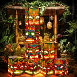 Janlaugh 8 Pcs Tiki Totem Box Decor with Light, Luau Party Decorations for Hawaiian Birthday Party Tropical Aloha Decor 9.84 x 7.09 Tiki Lighted Gift Boxes for Garden Patio Porch Outdoor Decor