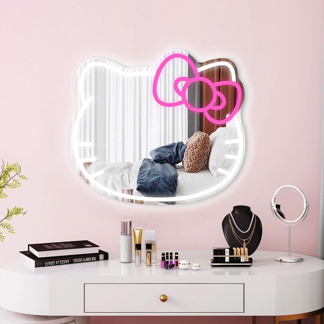 Anime Mirror Vanity Neon Sign Dimmable Kitty LED Lights for Teen Girls Women Room Bedroom Decor Makeup Vanity Mirror Neon Signs Birthday Thanksgiving Gift for Kids Loved Ones Thickened