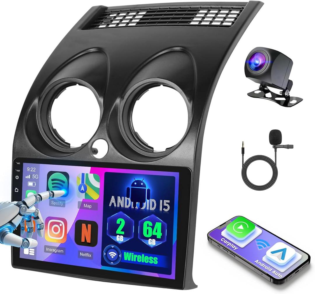 [2G+64G] for Nissan Rogue Sport Qashqai 2006-2016,Android 15 Car Radio Stereo, Wireless Carplay Android Auto, 9 inch Touch Screen Radio Bluetooth DSP 5G WiFi GPS FM RDS+Free AHD Backup Cam