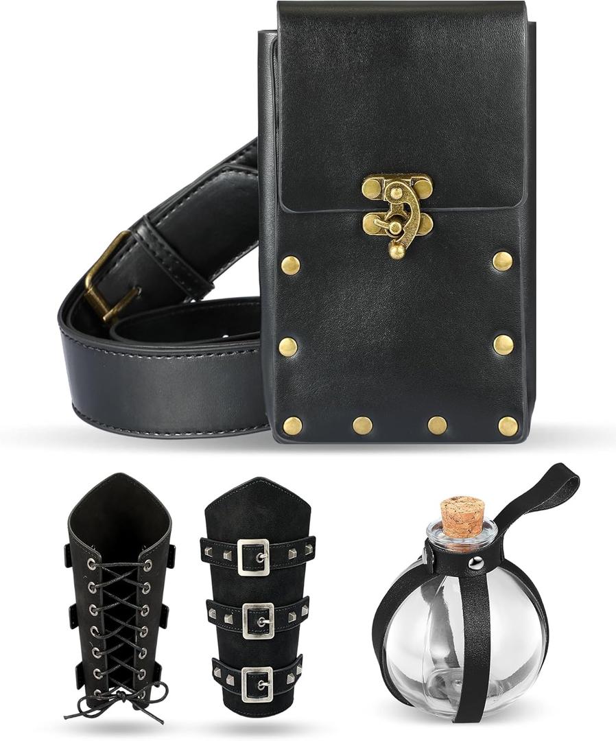 4 Pcs Renaissance Medieval Vintage Leather Belt Pouch Waist Bag Purse Faux Leather Arm Guards Bracers Cork Potion Bottle Set Halloween Costume Accessories for Cosplay Party DIY Craft(Black)