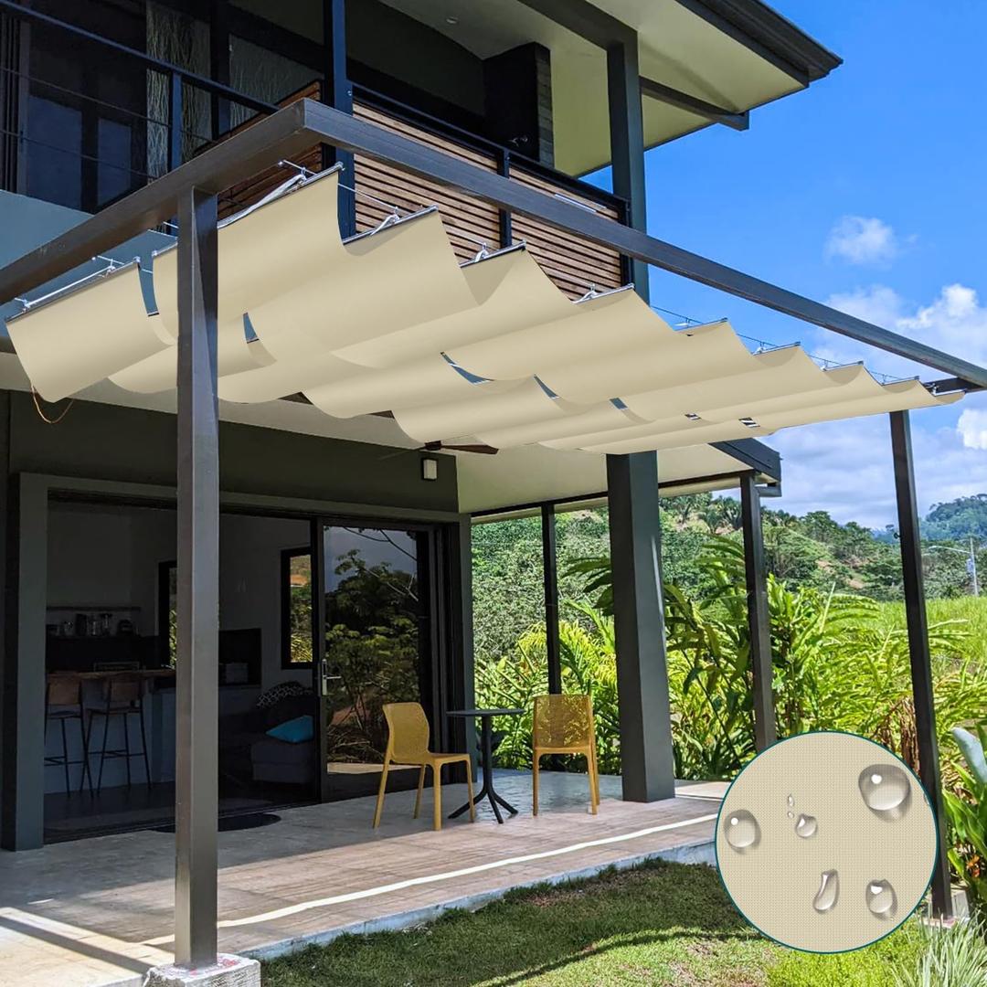 TANG 3' x 16' Waterproof Pergola Shade Cover Retractable Sun Shades Outdoor Patio Pergolas Canopy Replacement Pergola Kit, Wave Shade Sail with Hardware Wire Cable, Beige