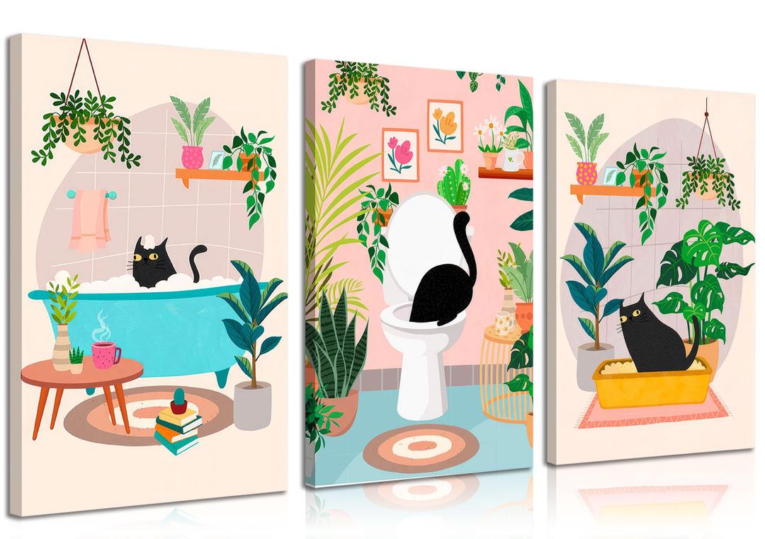 3pcs Black Cat Bathroom Canvas Wall Art Funny Cute Vintage Cats Wall Decor Pictures Green Plants Black Cat Posters Prints for Bathroom Toilet Decoration Ready To Hang