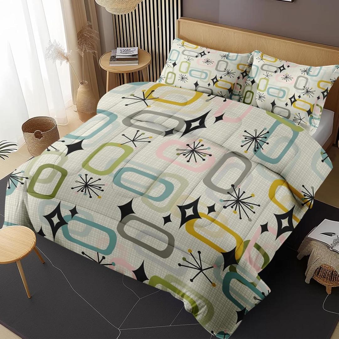 Retro Mid Century Diamond Queen Comforter Set, Atomic Starburst Modern Bedding Set 3 Piece, All Season Soft Children Adults Bedroom Bed Decoration Comforter and 2 Pillow Shams