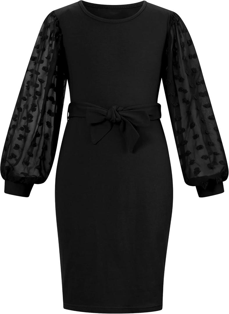 Girls Dress Kids Mesh Long Sleeve Dresses Self Belted Elegant Bodyco, 9-10 Years, Black