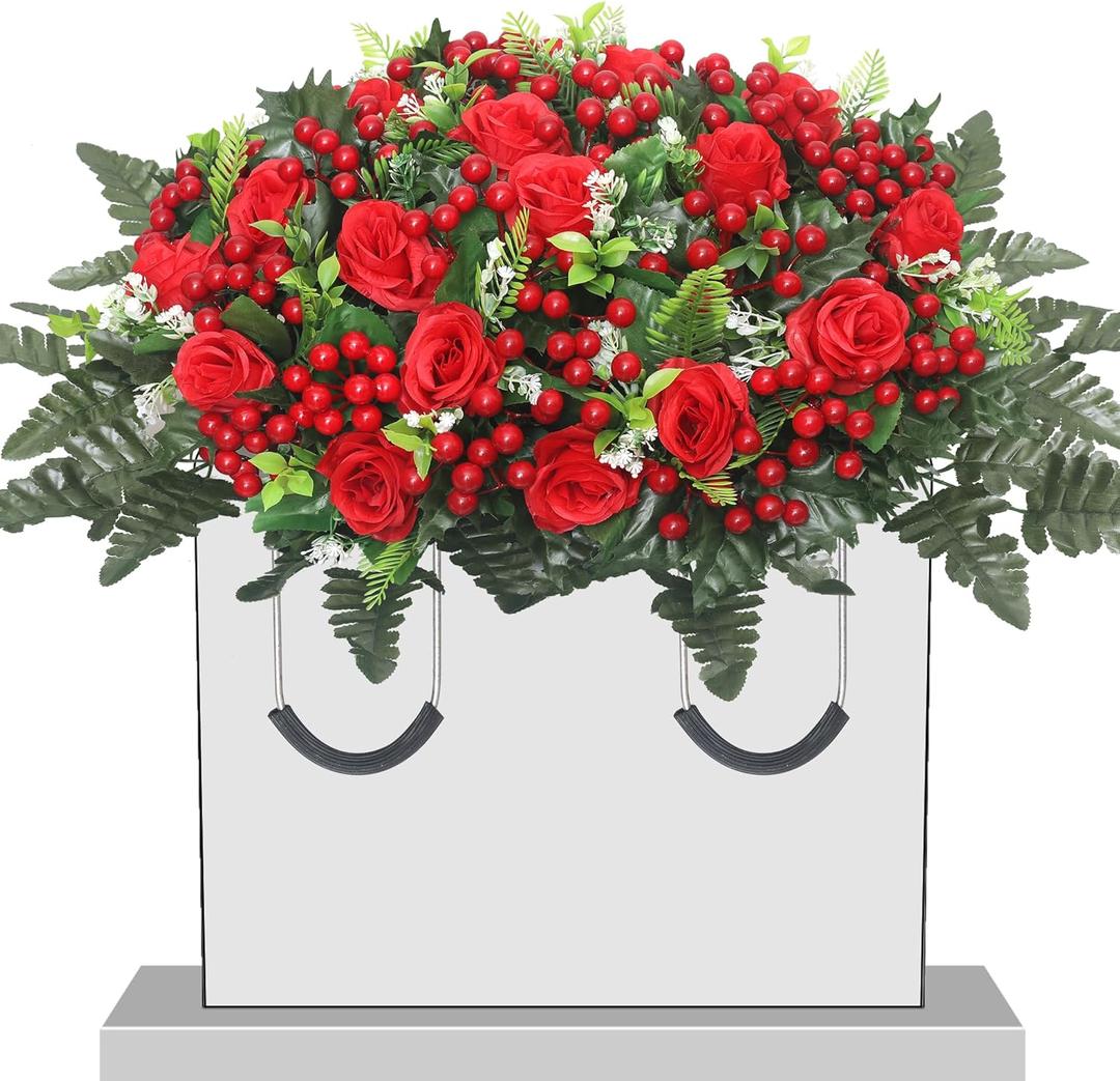 Christmas Artificial Cemetery Flowers,Artificial Cemetery Flowers Saddle for Outdoor Gravesite Tombstone Decorations,Roses and Artificial Red Berries Stems Ornaments