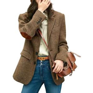 chouyatou Women's Fall Winter Wool Business Casual Blazer Jacket Single Breasted Plaid Dressy Work Coat (XX-Large, Brown)