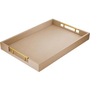 17" x 12" Wood Serving Tray with Gold Polished Metal Handles, Home Decorative Wooden Rectangle Ottoman Leather Decor Platter Bathroom Vanity Tray for All Occasions Khaki